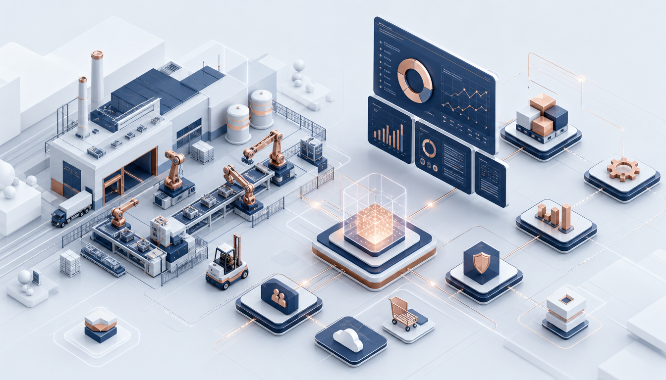Abstract illustration of connected workflows, dashboards, and industrial operations in a single ERP.
